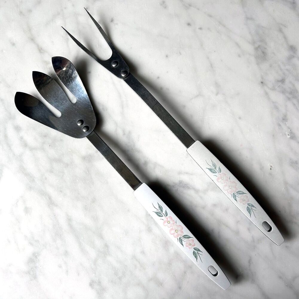 Mid Century Peach Blossom Kitchen Utensils Carving & Salad Forks Stainless Steel